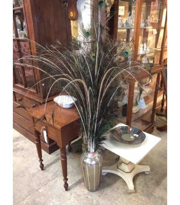 Peacock Feathers in Metal Vase